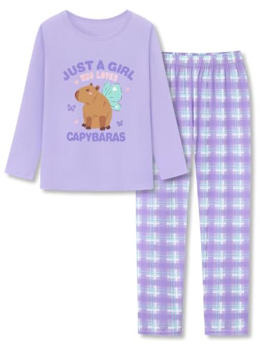 Image of Beezizac Girls Pajamas Cute Print Short /Long Sleeve Pants Set Size 6-18 | Soft Stretch Poly Blend, Comfy Crewneck, Elastic Waist Pants, Everyday & Holiday Sleepwear for Big Girls, Tweens & Teens