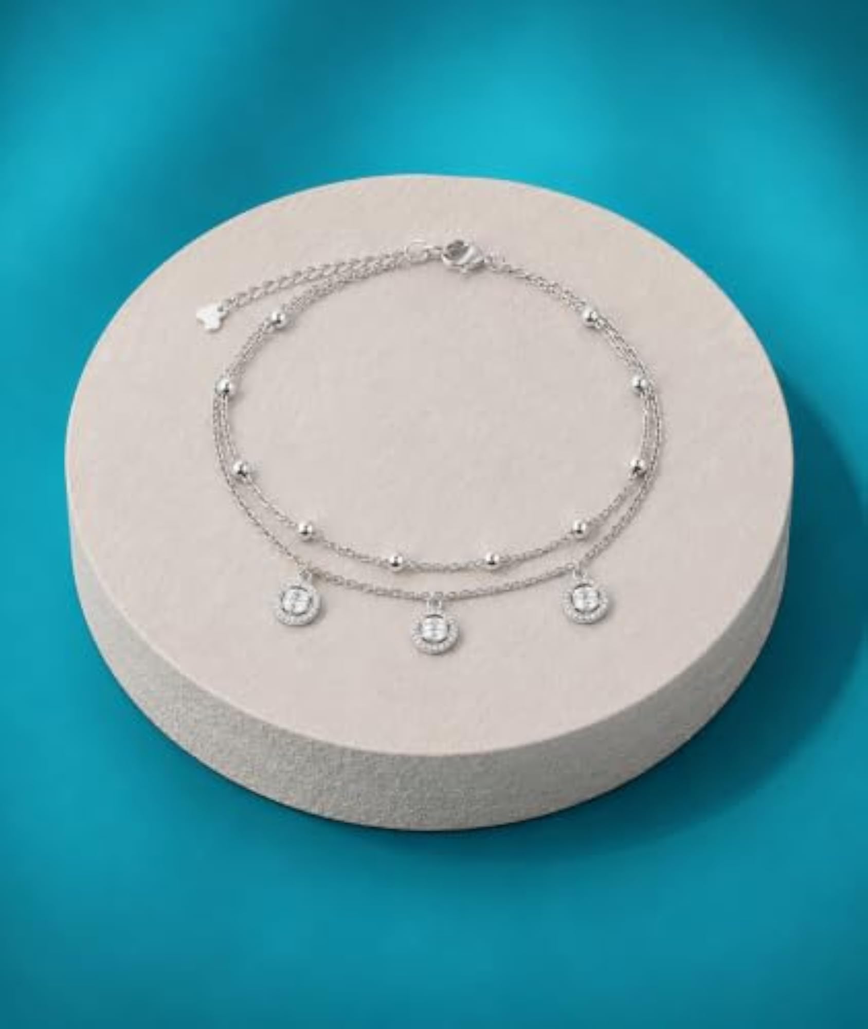 925 Sterling Silver Double Layer CZ Charm Bracelet