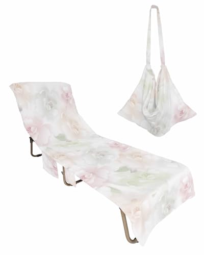Pink White Floral Beach Chair Towel Covers for Chaise Lounge with Side Pocket, Soft Plush Pool Towels Cover for Patio Sunbathing Outdoor Rose Flower Spring Botanical Watercolor 29''x85''