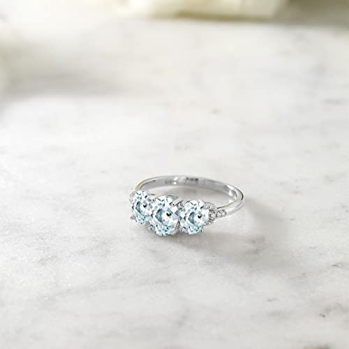 Gem Stone King 10K White Gold Sky Blue Aquamarine and Diamond Accent Engagement Ring For Women | 1.77 Cttw | Oval 7X5MM and 6X4MM | Available in size 5, 6, 7, 8, 94