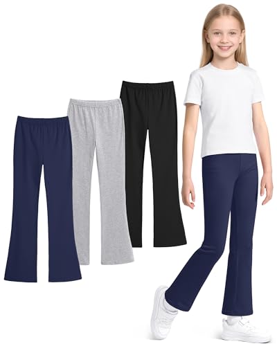 KEREDA 3er Pack Schlaghose Mädchen Leggings Flared Kinder Lange Tanzen Hosen Baumwolle Leggins Schwarz Dunkelblau Grau EU 134-140,Hersteller 140