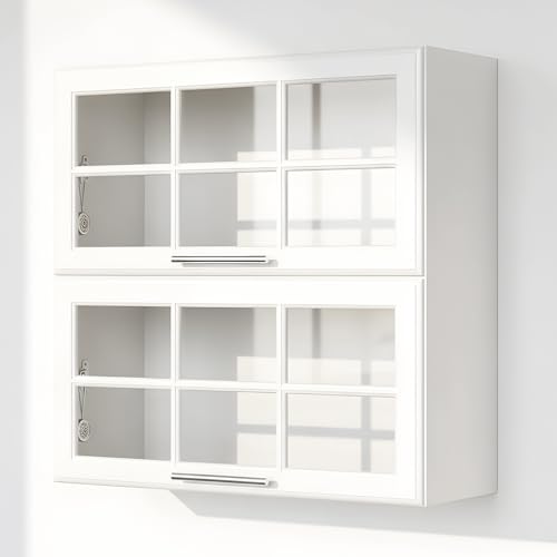 FIMELLO 29.5’’ Laundry Room Cabinets Wall Mounted, Bathroom Wall Cabinet, Cabinet Above Toilet, Hanging Display Cabinet, Kitchen Wall Cabinet with Glass Door, White