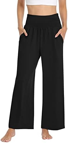 TARSE Womens Lightweight Wide Leg Pants Casual Summer Loose Yoga Sweatpants Comfy Soft Lounge Pajama Flowy Pants Pockets(Black,L)