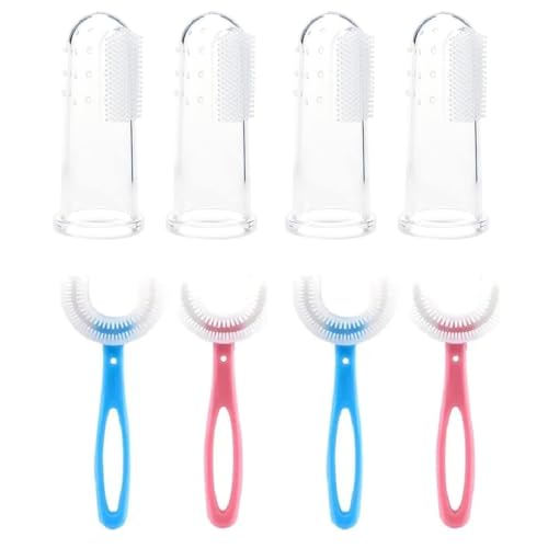 GNALIA Minismile Cepillo Niños 8 Piezas, 4 U-Shaped + 4 Dedales, Silicona Grado Alimenticio 360°, Color Azul Y Rosa, Cabezal 4.5Cm Para Niños 6-12 Años