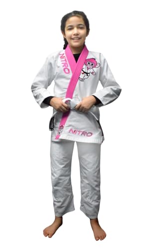 Nitro Fight Wear - Girls Kids Premium BJJ Gi - FREE WHITE BELT - Pink Lapel - Lightweight - Monkey - Brazilian Jiu Jitsu Girl's Uniform (M1)