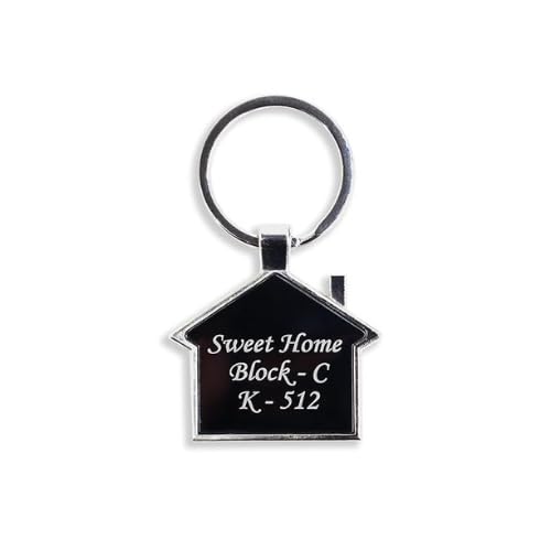 Image of Customised Home Shaped Double Sided Metal Keychain | With Address And Name