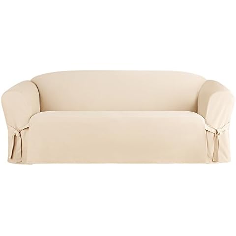 SureFit Duck Cotton Solid Sofa Slipcover (Natural Color) - One Piece Full Length Relaxed Sofa Cover with Corner Ties/Machine Washable/Perfect for Protecting Your Favorite Furniture Cover