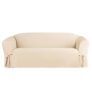 SureFit Duck Cotton Solid Sofa Slipcover (Natural Color) – One Piece Full Length Relaxed Sofa Cover with Corner Ties/Machine Washable/Perfect for Protecting Your Favorite Furniture