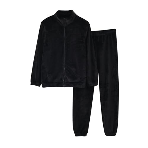 Pigiama da donna in pile a maniche lunghe, con top e pantaloni a mezza zip, morbido e peloso, in peluche, super morbido, a quadri, abbigliamento da casa, regalo per lei, Nero , XL
