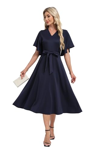 Image of DNFUN Women's Cocktail Dresses 2025 Formal Wedding Guest Church Modest Christmas Party Prom Dress Navy