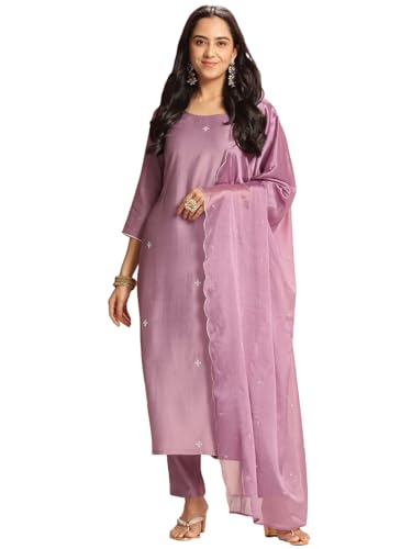 Kurta violet en viscose brodée GoSriKi avec pantalon et dupatta en taille S pour femme