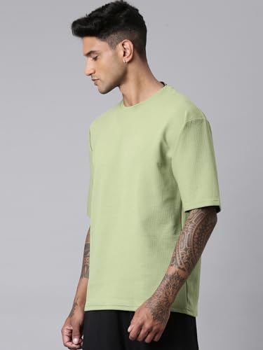 Image of Men's Stylish Round Neck Textured 3 /4th Sleeve Oversized T-Shirt (Pista Green)