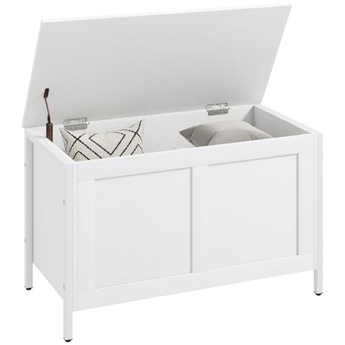 HOMCOM Baúl de Almacenaje para Dormitorio 95 L Banco de Almacenaje con Tapa Bisagra de Seguridad para Pasillo Salón 80x40x50 cm Blanco Veteado