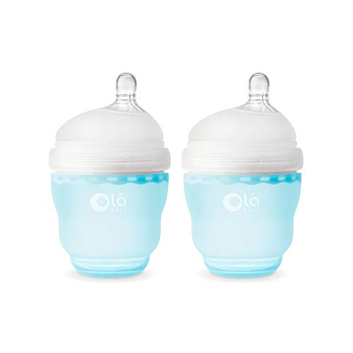 Image of Olababy Gentle Silicone Baby Bottle, Anti-Colic, BPA Free, Easy to Clean and Wide Neck Baby Bottles Best for Breast Feeding Babies 2 Piece Set (4 oz, Sky)