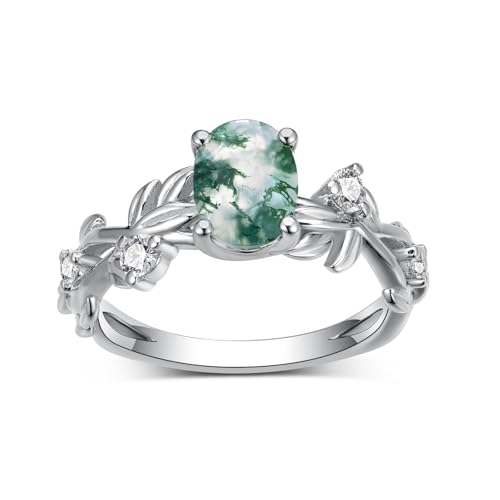 Oval Shape Moss Agate Engagement Ring Set for Women, 925 Sterling Silver 1 Carat Green Moss Agate Leaf Wedding Ring Set Anniversary Jewelry Bridal Gifts for Women2