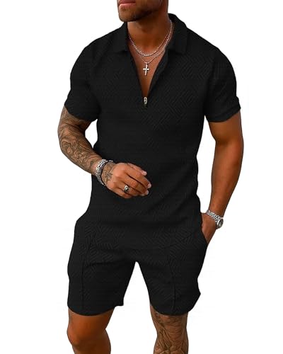 Short Sets for Men 2 Piece Lounge Set Solid Zipper Shirt and Stretch Shorts