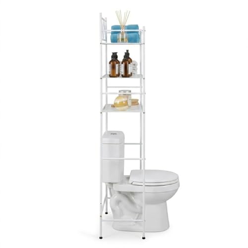 Image of Home Zone Living Over-the-Toilet Bathroom Storage Cabinet Organizer | Freestanding Steel Frame Design with 3-Tier Shelves and Adjustable Feet, White