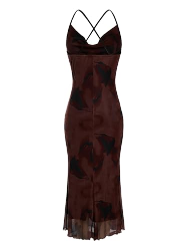 Image of SOLY HUX Women's Floral Mesh Bodycon Cami Dress Cowl Neck Sleeveless Cocktail Party Wedding Guest Long Maxi Dresses