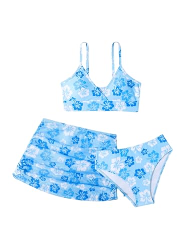 Image of COZYEASE Girls' 3 Piece Set Floral Print Bikini Swimsuit with Drawstring Beach Skirt Cute Ruched Bathing Suit