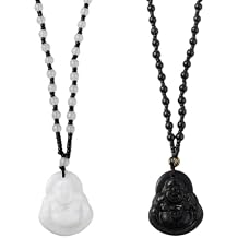 2Pcs 2 Colors Maitreya Buddha Pendant Necklace Smiling Buddha Pendant Jade Crystal Pendants Beaded Rope Chain Lucky Amulet Jewelry Buddhist Necklace Gift for Men Women