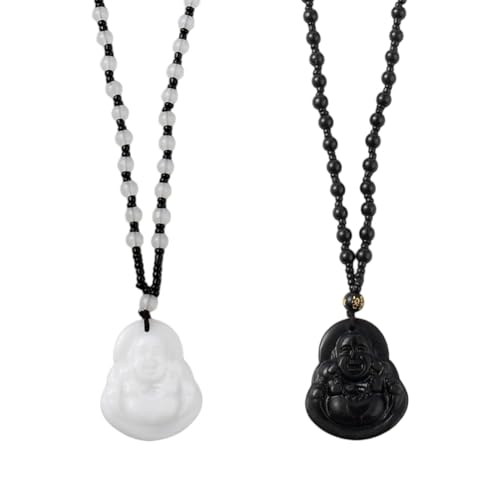 Image of HOBBIESAY 2Pcs 2 Colors Maitreya Buddha Pendant Necklace Laughing Buddha Pendant Necklace Buddhist Amulet Necklaces Smiling Crystal Necklaces Rope Chain Lucky Jewelry Gift for Men Women