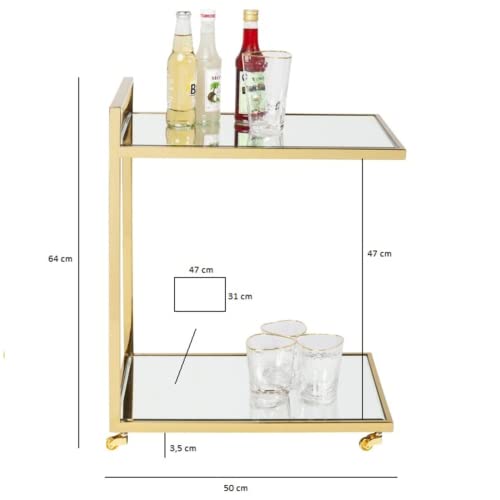 Foto von Kare Design Servierwagen Classy, Getränkewagen, Barwagen, Rollwagen, Serviertisch, Tischplatte aus Glas, zwei Ablagemöglichkeiten, Wohnzimmer, Gold (H/B/T) 64x50x33cm
