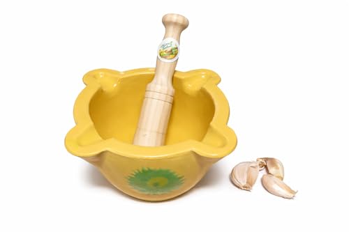 Miniatura 4 de Gran Mortero De Cerámica Amarillo De 16cm Con Mano De Madera De16cm, Diseño Tradicional Con Decoración Verde.