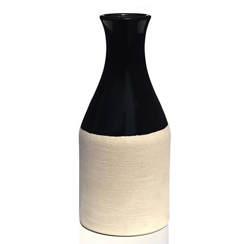 Image of Pure Source India Handcrafted Black Ceramic Bottle-Shaped Flower Vase (8 Inches) for Home Decor, Living Room, Gifting, Decorative Small Vase (Flower NOT Included)