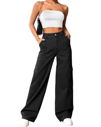 Cargo Pants Women High Waist Baggy Cargo Jeans Relaxed Fit Y2K Streetwear Pants Casual Elastic Waistband Combat Military Trousers M-Black.