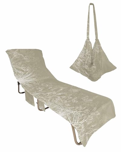 Brown Floral Beach Chair Cover with Side Pockets, Microfiber & Quick Dry Pool Chaise Lounge Chair Towels Covers for Sun Sunbathing Patio Garden Hotel, Minimalist Vintage Botanical Flower