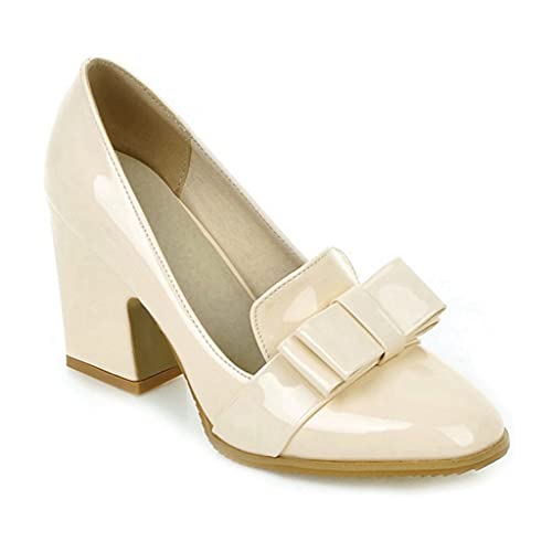 MIOKE Women's Fashion High Chunky Heel Pumps Square Toe Buckle Leather Slip-On Work Office Dress Shoes