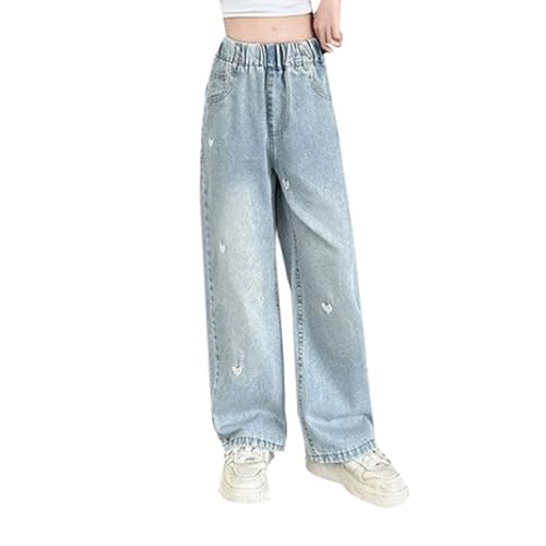 Girls Baggy Jeans Wide Leg Elastic Waist Print Lightweight Wash Denim Pants 𝗬2K Loose Casual Trousers