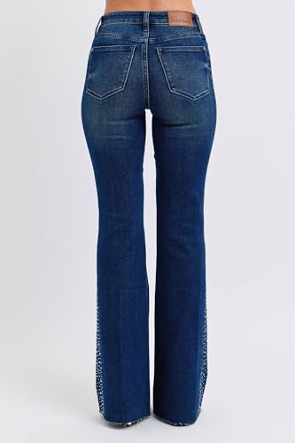 Women’s Rhinestone Side Panel Flare Jeans – High Rise, Stretch Denim, Stylish Flared Design - 889204