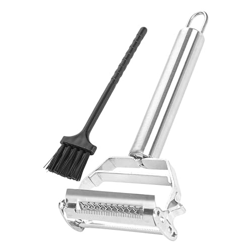 Pelador de verduras – Pelador de frutas y verduras de acero inoxidable con cepillo de limpieza, cortador de pepino de acero inoxidable para cocina, cocina, hogar, interior, camping, al aire libre