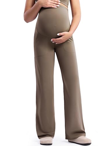 POSHDIVAH Women's Creamluxe Maternity Yoga Wide Leg Pants Petite Pregnancy