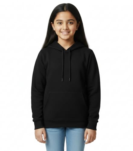 Image of Solid Cotton Fleece Girls Hooded Neck Sweatshirt with Kangaroo Pocket