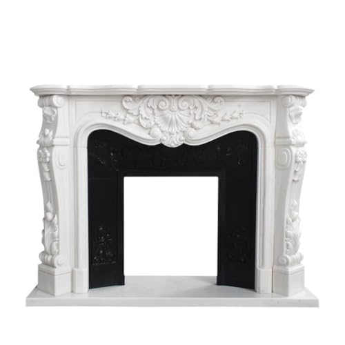 Image of Villa Marble Fireplace Mantel Surround Kit - 59 inch x 47 inch with Shelf and Trim, Natural Stone, Carved Living Room Design