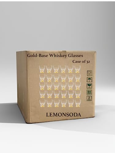 LEMONSODA Whiskey Glasses Set of 32- Crystal Clear Gold Heavy Base Bourbon Glass Set -Old Fashioned Whisky Tumbler 4-Pack - Lowball Scotch Rocks Glasses for Cocktails| [2027]