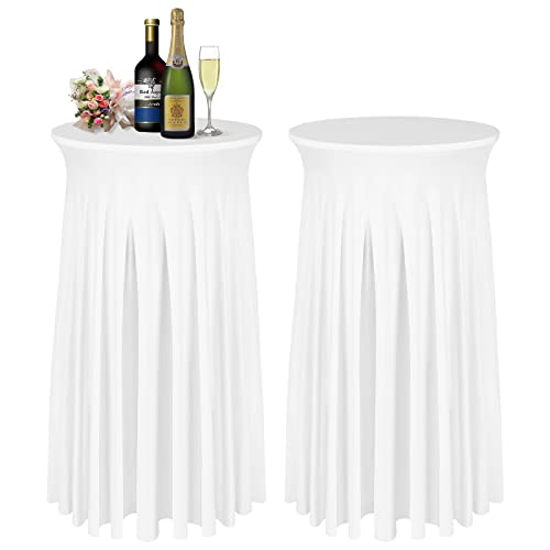 BDDC Fundas para mesa de cóctel, paquete de 2 manteles de mesa de cóctel de 24 x 43 pulgadas, color blanco con falda de mesa redonda ondulada natural, mesa alta ajustable para bar, boda, fiesta,