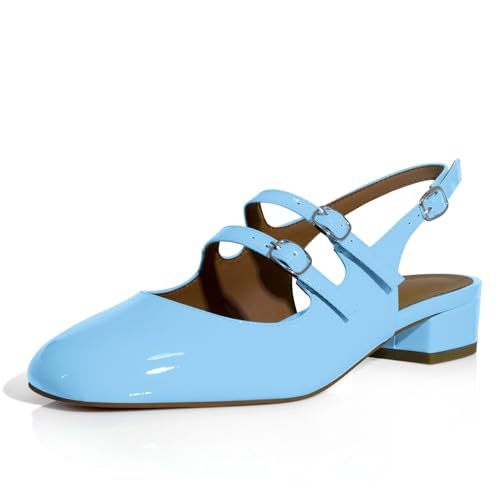 Image of anteikira Women's Round Toe Slingback Flats Closed Toe Double Strap Mary Jane Flats for Women 1 Inch Heel Dress Shoes Low Heel Causal Work Office Pumps for Women Size 5.5-12US
