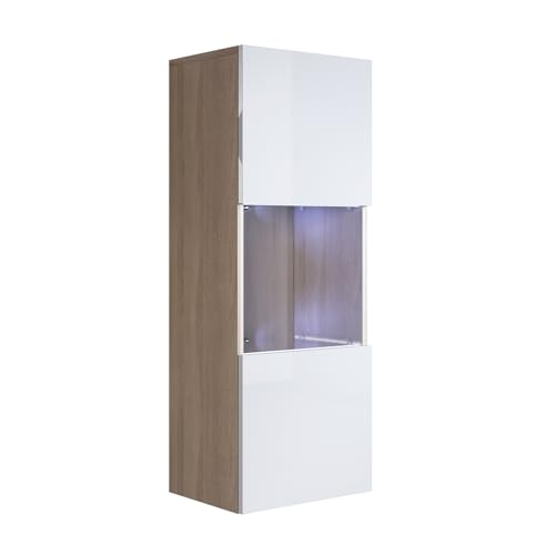 MB Muebles Bonitos, Vitrina Colgante Luke V3 para Salón o Comedor Moderno con Luz LED, Mueble Modular de Melamina Mate y Brillo, Color Sonoma y Blanco, 40x126x29 cm