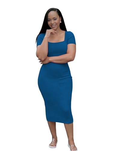 Image of TOPSRANI Women Sexy Midi Dress Bodycon Casual Sleeveless Basic Ruched Tank Summer Club Party Dresses