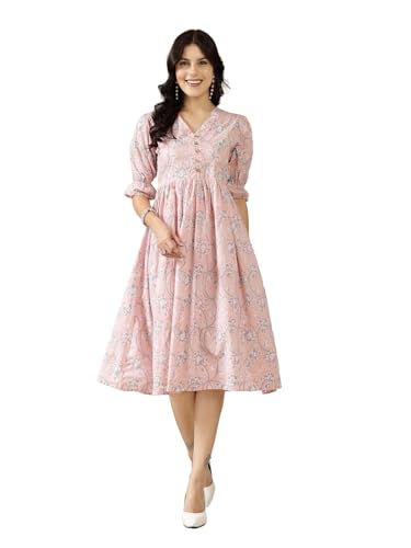 Stylum Women's Pestal Pink Ethnic Printed Cotton Flared Dress