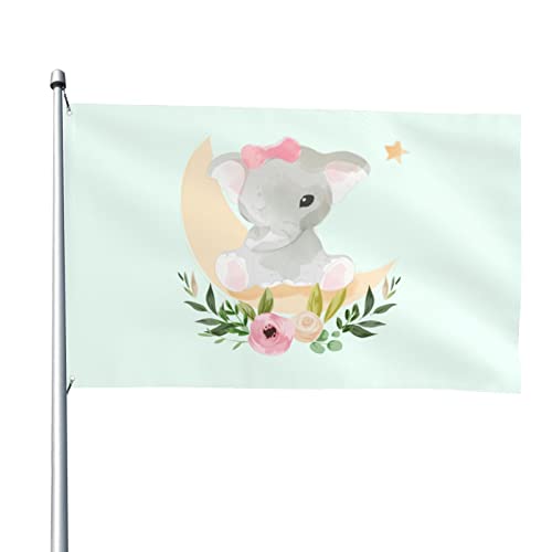Flagga elefant sitter på månen med blomma gård flagga rum dekor bris flagga väggdekor flaggor banderoll, för aktiviteter, trädgård, 90 x 150 cm