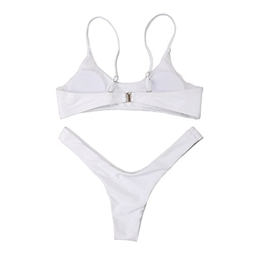 Womens Bikini Set Swimwear Brazilian Padded Top Swimsuit Solid Color Triangle Bottom White Medium - Thumbnail 7