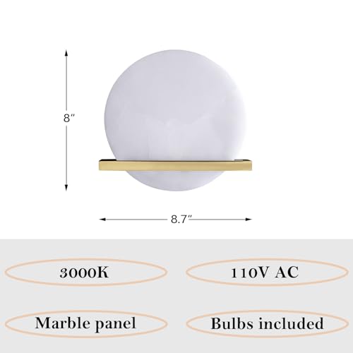 Image of 2 Pack 1 Light 8 inch Round Natural Alabaster Bathroom Wall Sconce Modern Concise Style Wall Light Fixture,Brushed Bronze Finish for Bedroom Hallway Bedside Living Room