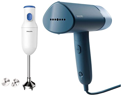 Image of Philips Handheld Garment Steamer Compact & Foldable, Convenient Vertical Steaming, 1000 Watt Quick Heat Up (Reno Blue), Small & PHILIPS Hand Blender, 250W