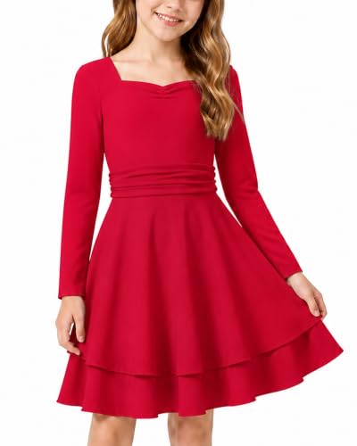 Image of ZOEREA Girl's Long Sleeve Dress Solid Color A-Line Skater Dress Red