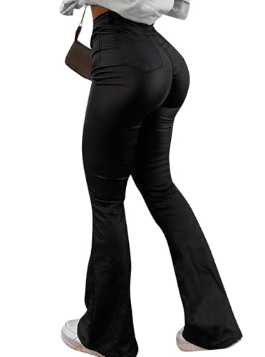 Avanova Women Faux Leather Butt Lifting Leggings Flare High Waist Sexy Bell Bottom Pants Black Small