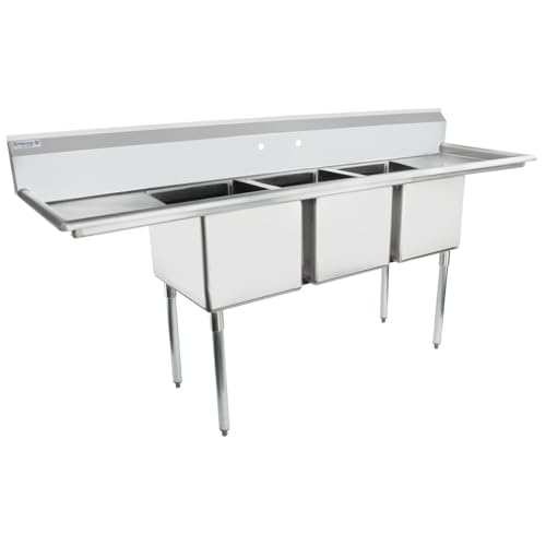 Image of Empura 88 inch Wide Stainless Steel Three Compartment Commercial Sink | Prep Utility 16 x 20 Bowl for Catering Laundry Garage | (2) 18 inch Drainboard, 9.75 inch Backsplash, 88 inchW x 25.5 inchD x 44.25 inchH, 18 Gauge, NSF